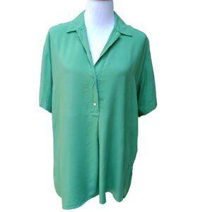 GAP Green Draped Henley Blouse 988754 Sheen 1/2 Button-Up Short Sleeves Relaxed